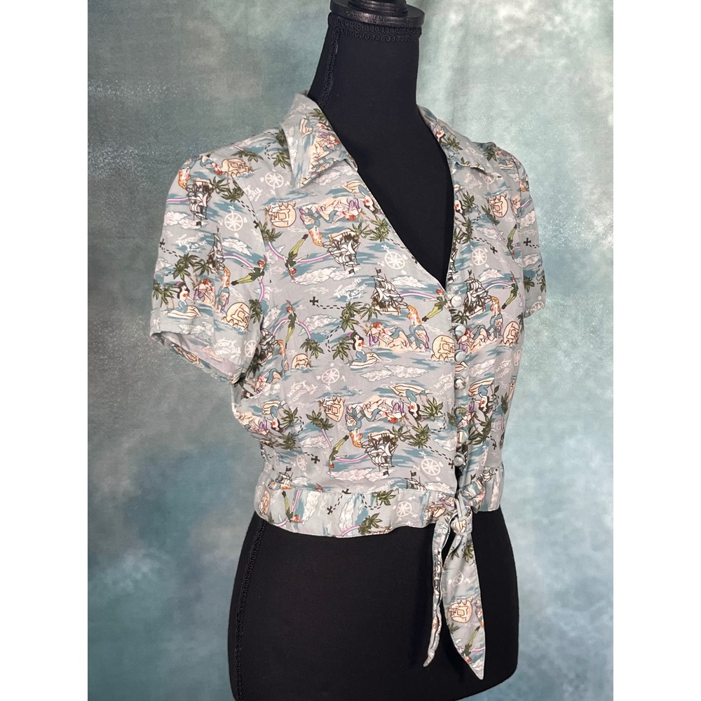Disney Peter Pan Mermaid Lagoon Tie Front Crop Top Blue Rayon Womens Medium MD - Picture 3 of 7